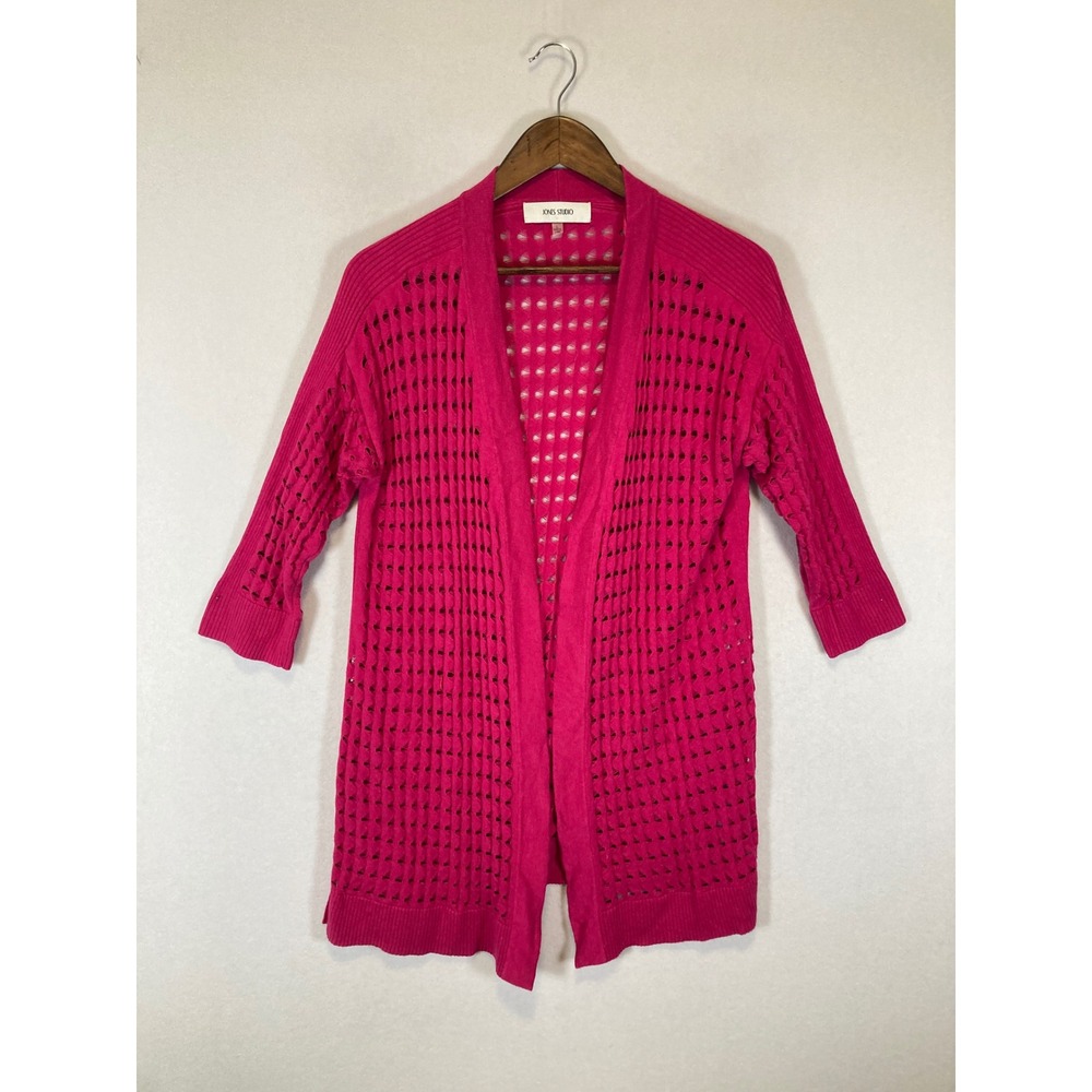 Barbiecore Jones Studio Women L Pink Pointelle Open Knit 3/4 Sleeve Cardigan